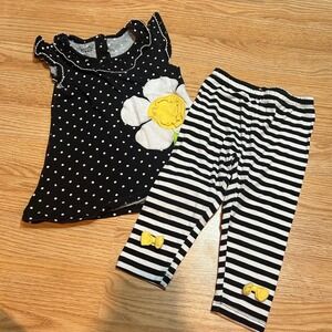 Nannette Girls Polka Dot Daisy Tunic and Striped Leggings Set Black White Size 4